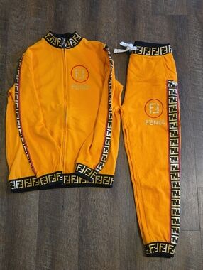 Fendi Kids Orange Logo Track Jacket & Pants Set with Black FF Trim